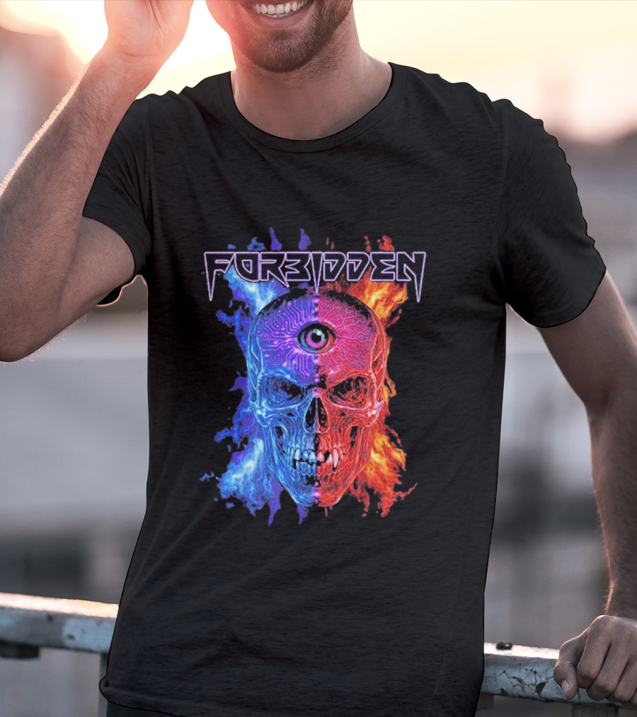 FORBIDDEN Skull Eye Flames Blue Red Fusion T-Shirt