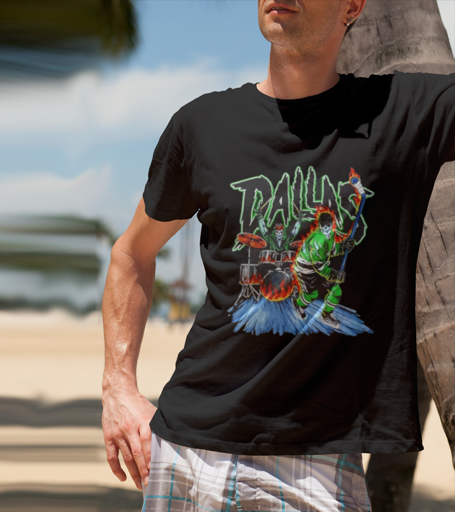 Dallas Stars Skeleton Hockey Fire With Drummer T-Shirt