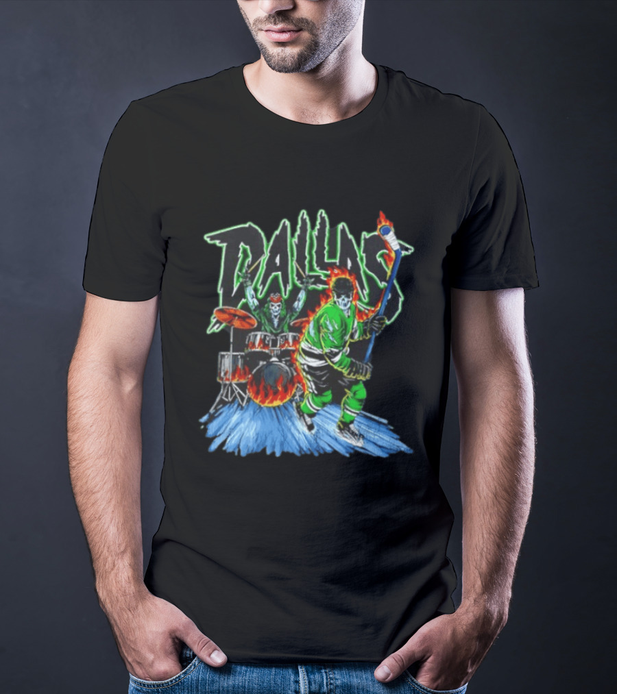 Dallas Stars Skeleton Hockey Fire With Drummer T-Shirt