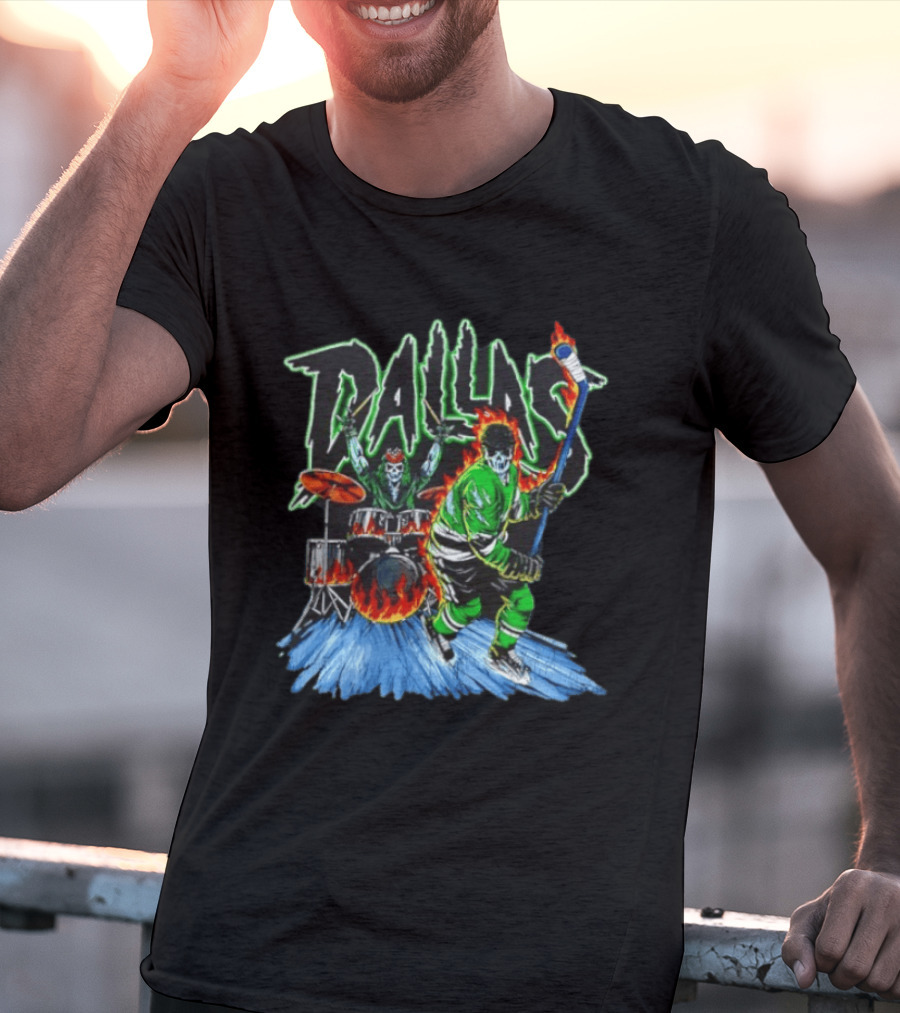 Dallas Stars Skeleton Hockey Fire With Drummer T-Shirt