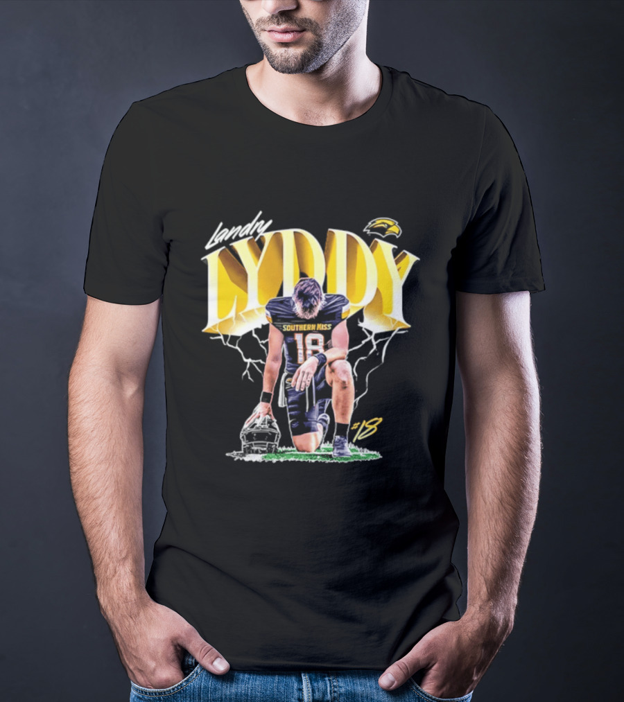 Landry Lyddy 18 Southern Miss Golden Eagles NCAA Football Player Lightning Kneeling Pose T-Shirt