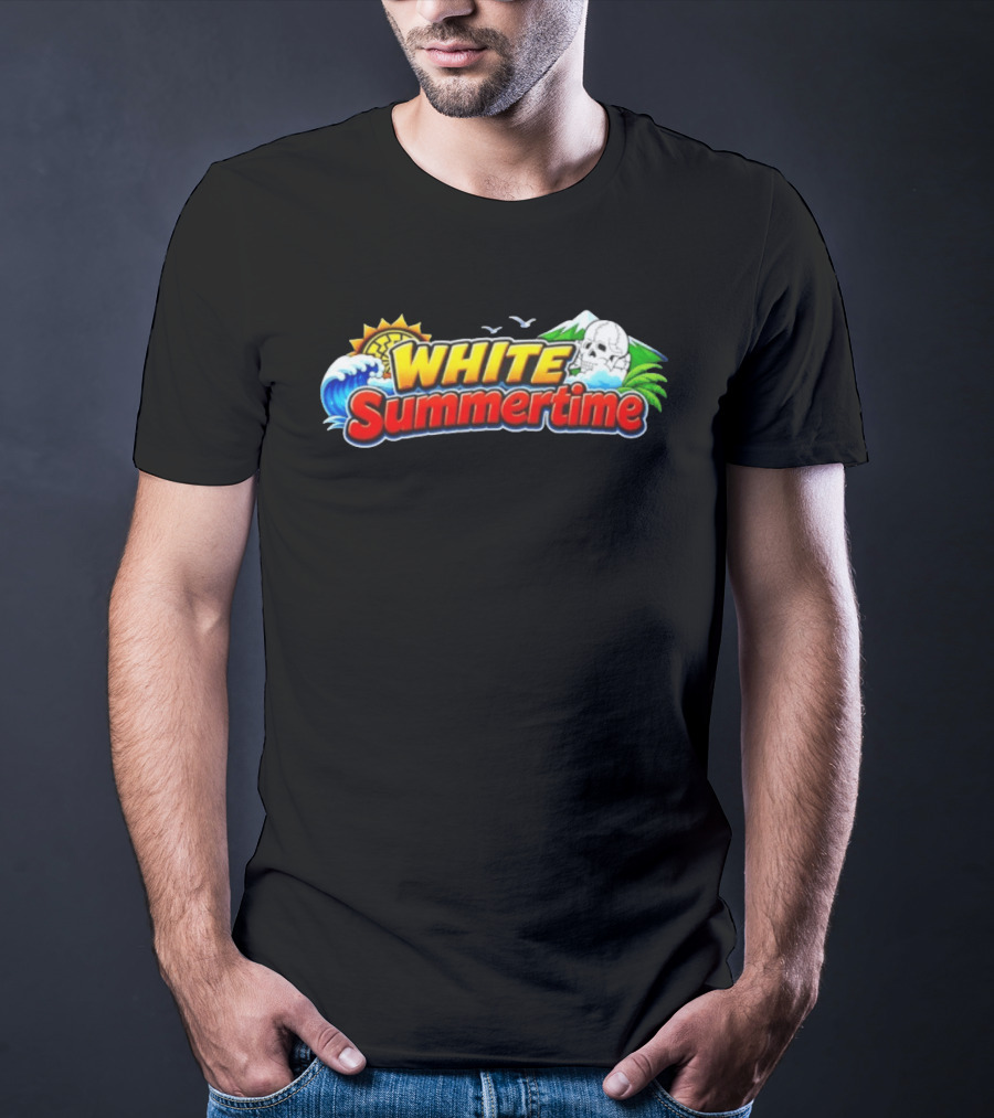 White Summertime Skull Ocean Beach Sun Palm Birds T-Shirt