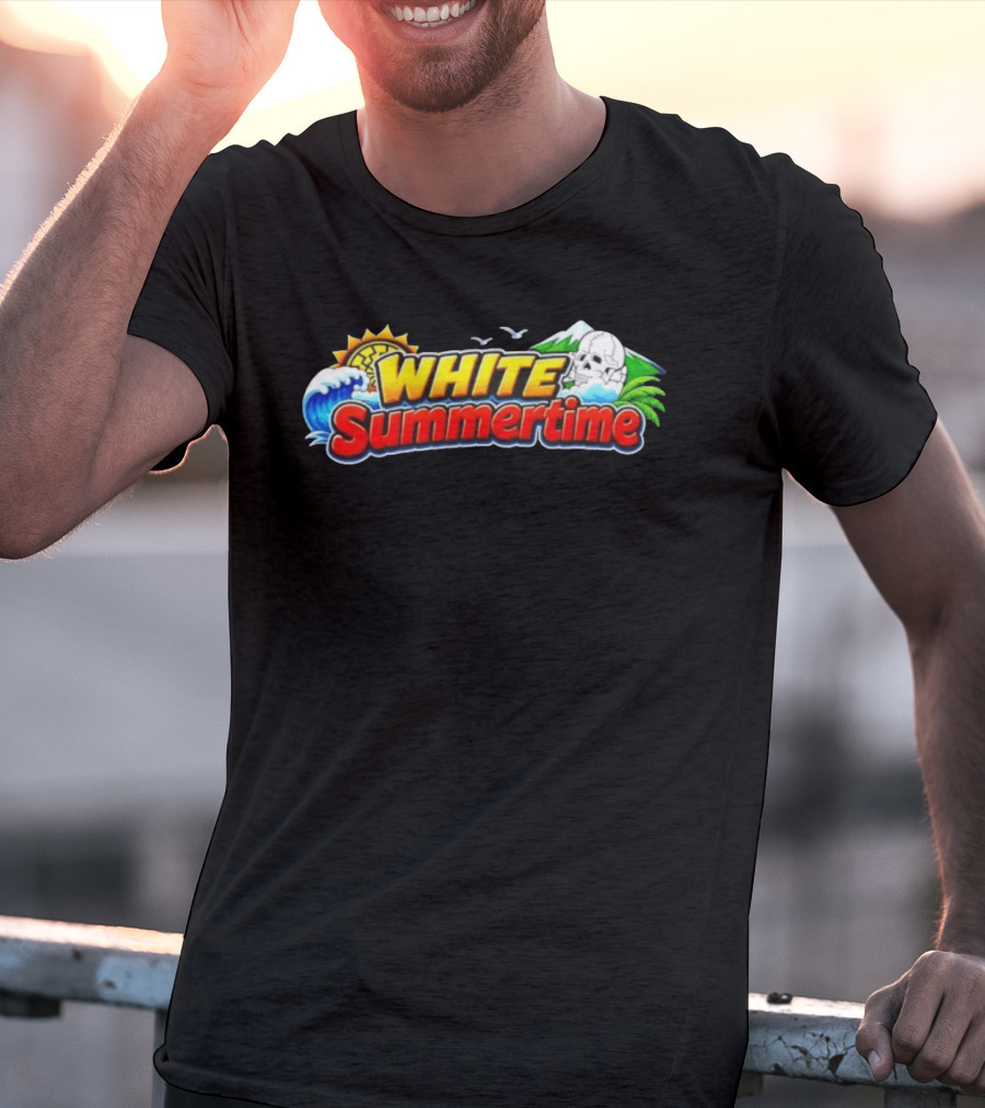 White Summertime Skull Ocean Beach Sun Palm Birds T-Shirt