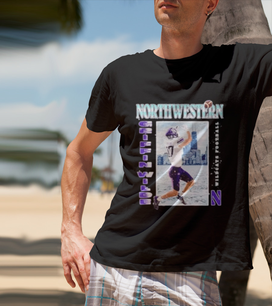 Northwestern Wildcats Football Griffin Wilde No 17 Chicago Skyline T-Shirt