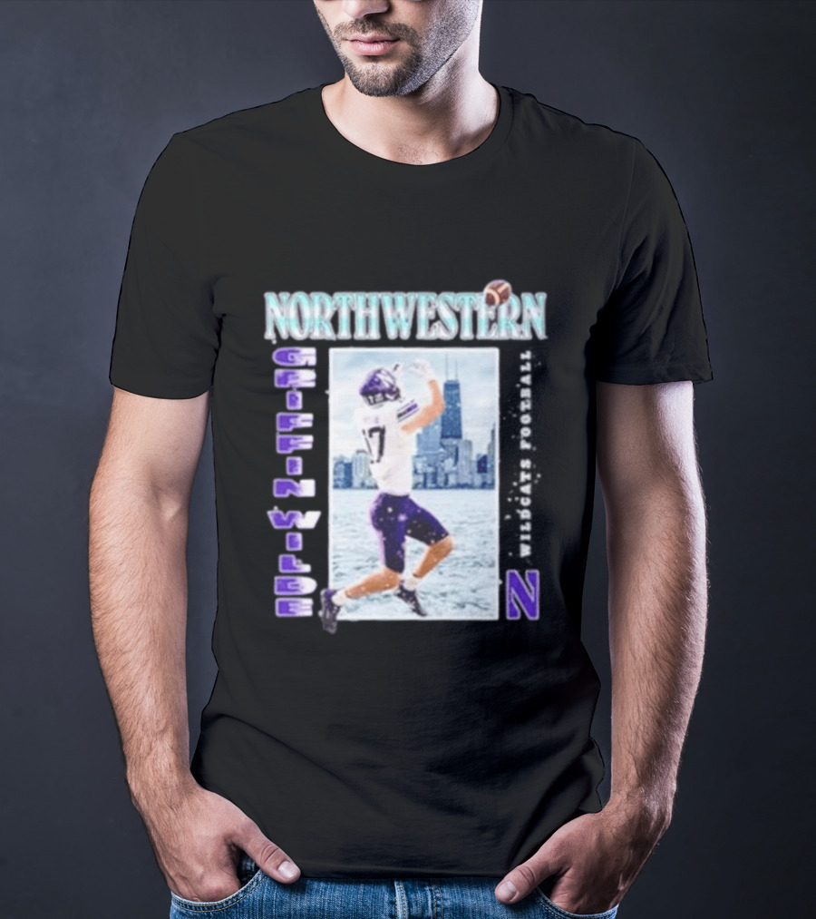Northwestern Wildcats Football Griffin Wilde No 17 Chicago Skyline T-Shirt