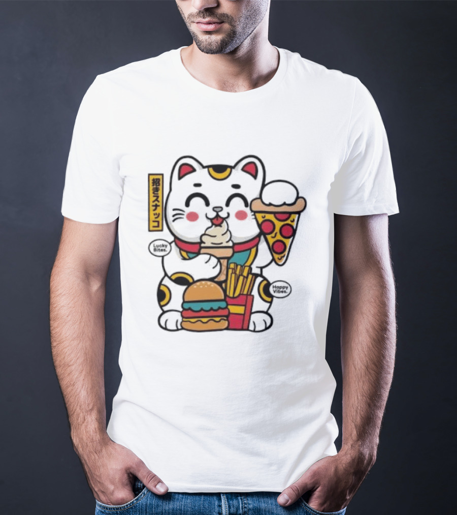 Lucky Bites Happy Vibes Maneki Neko Cat Ice Cream Pizza Burger Fries T-Shirt