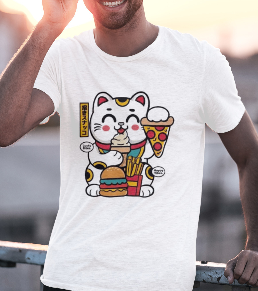 Lucky Bites Happy Vibes Maneki Neko Cat Ice Cream Pizza Burger Fries T-Shirt
