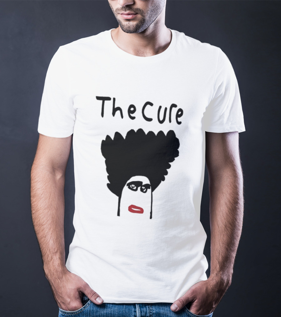 The Cure Hand Drawn Robert Smith Bold Hair Red Lips Black Glasses T-Shirt