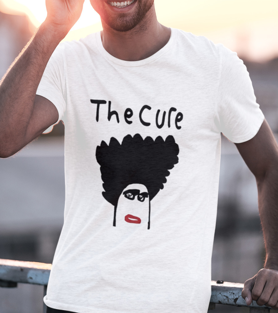 The Cure Hand Drawn Robert Smith Bold Hair Red Lips Black Glasses T-Shirt