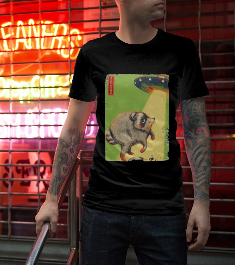Jimothy Raccoon Abducted By UFO Alien Beam On Green T-Shirt