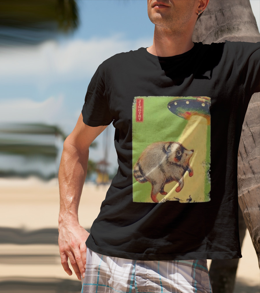 Jimothy Raccoon Abducted By UFO Alien Beam On Green T-Shirt