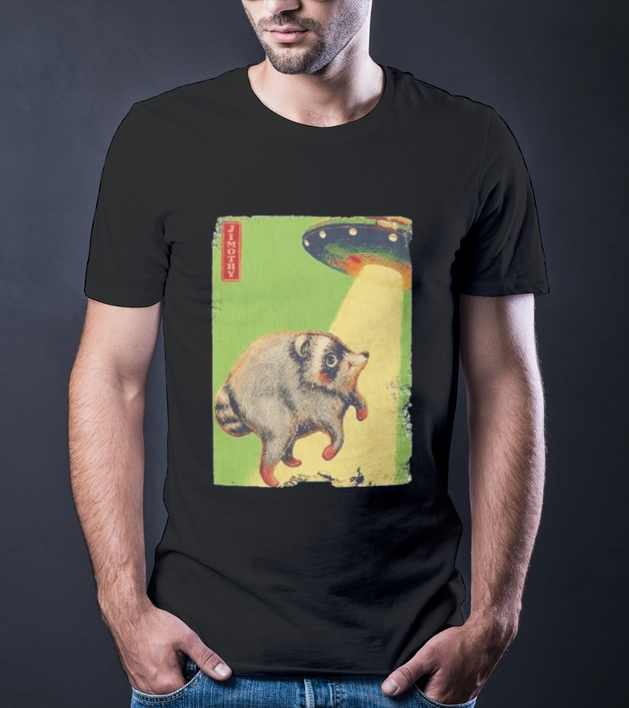 Jimothy Raccoon Abducted By UFO Alien Beam On Green T-Shirt