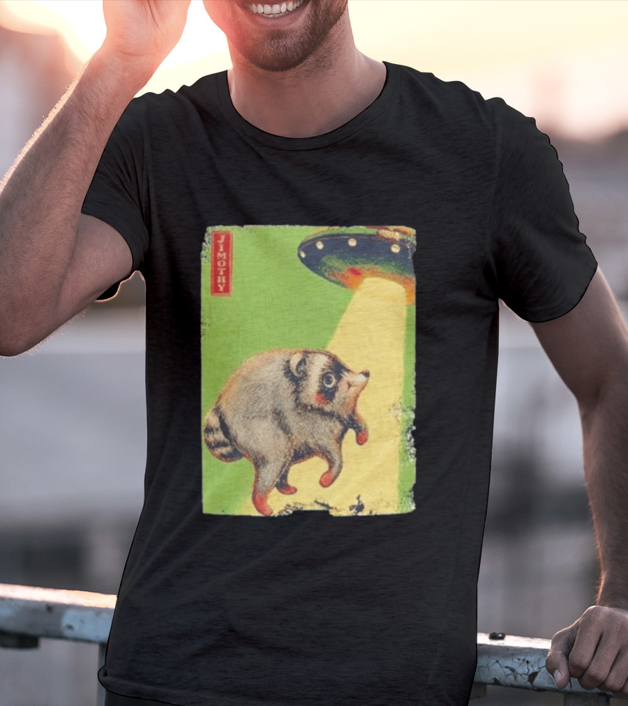 Jimothy Raccoon Abducted By UFO Alien Beam On Green T-Shirt