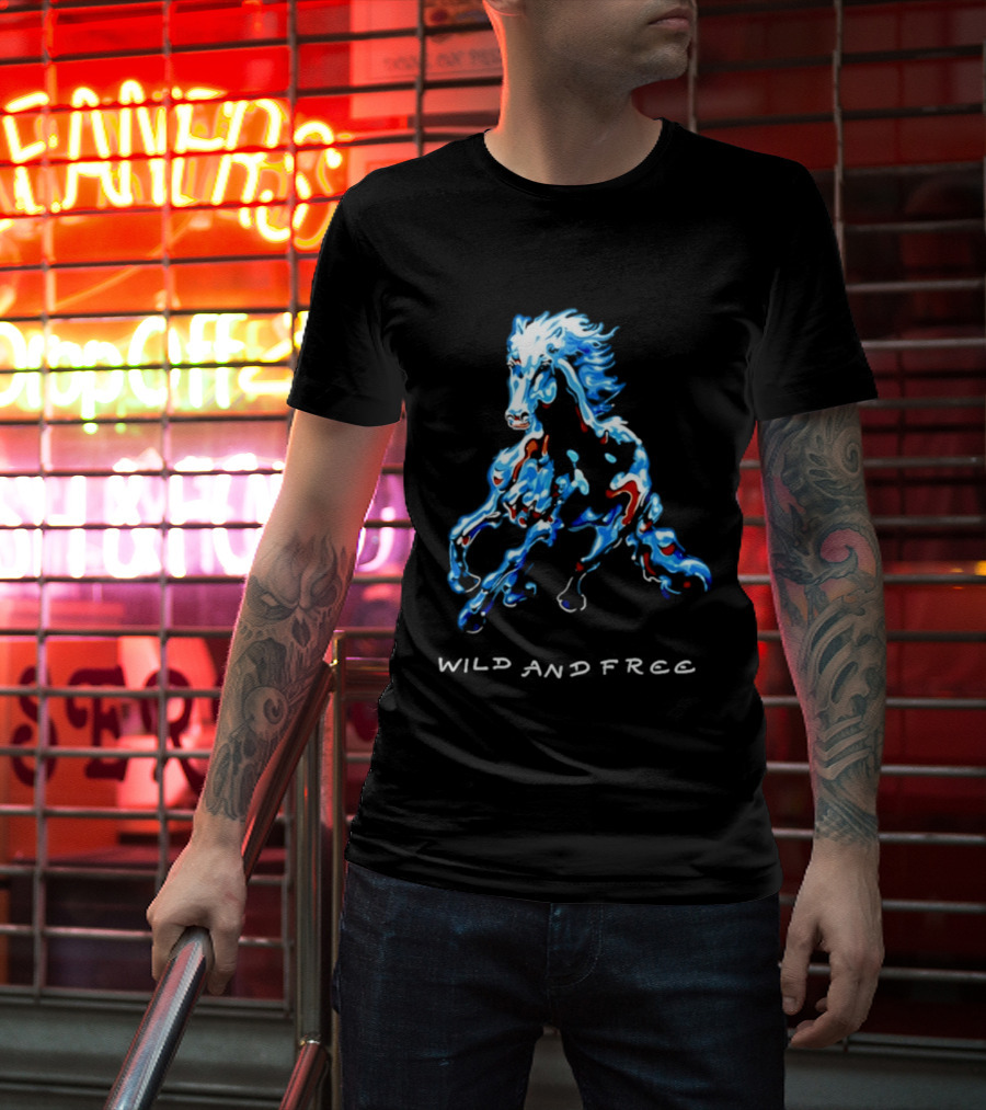 Wild Horse Wild And Free Blue Red Watercolor T-Shirt