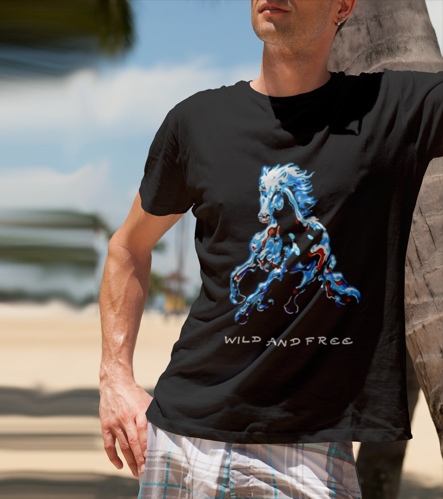 Wild Horse Wild And Free Blue Red Watercolor T-Shirt