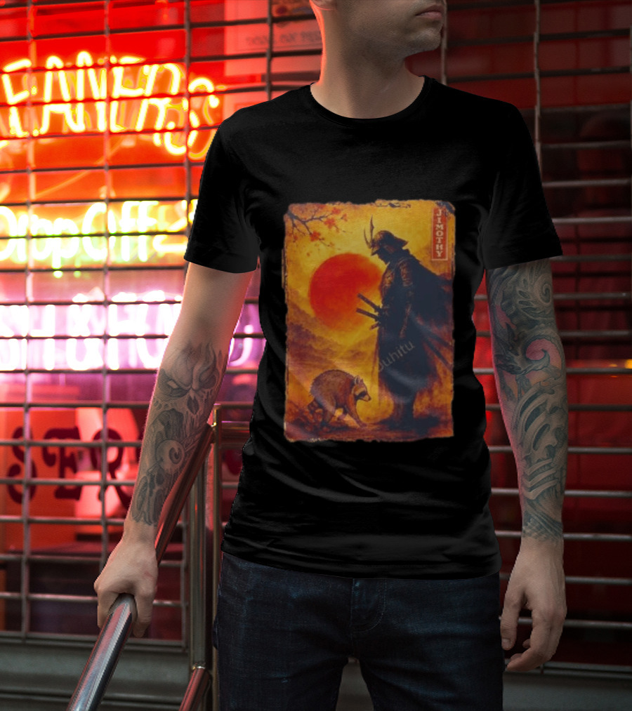 Jimothy Samurai Warrior And Raccoon Japanese Sunset T-Shirt