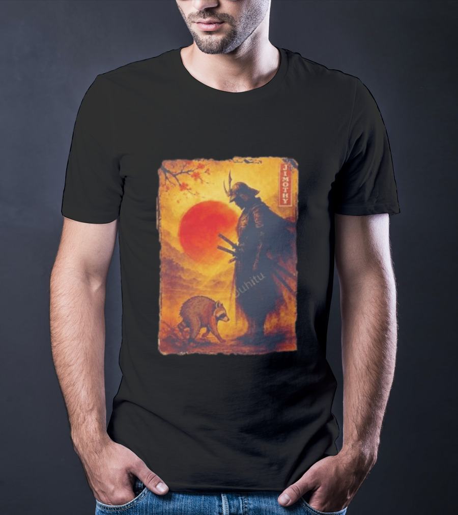 Jimothy Samurai Warrior And Raccoon Japanese Sunset T-Shirt