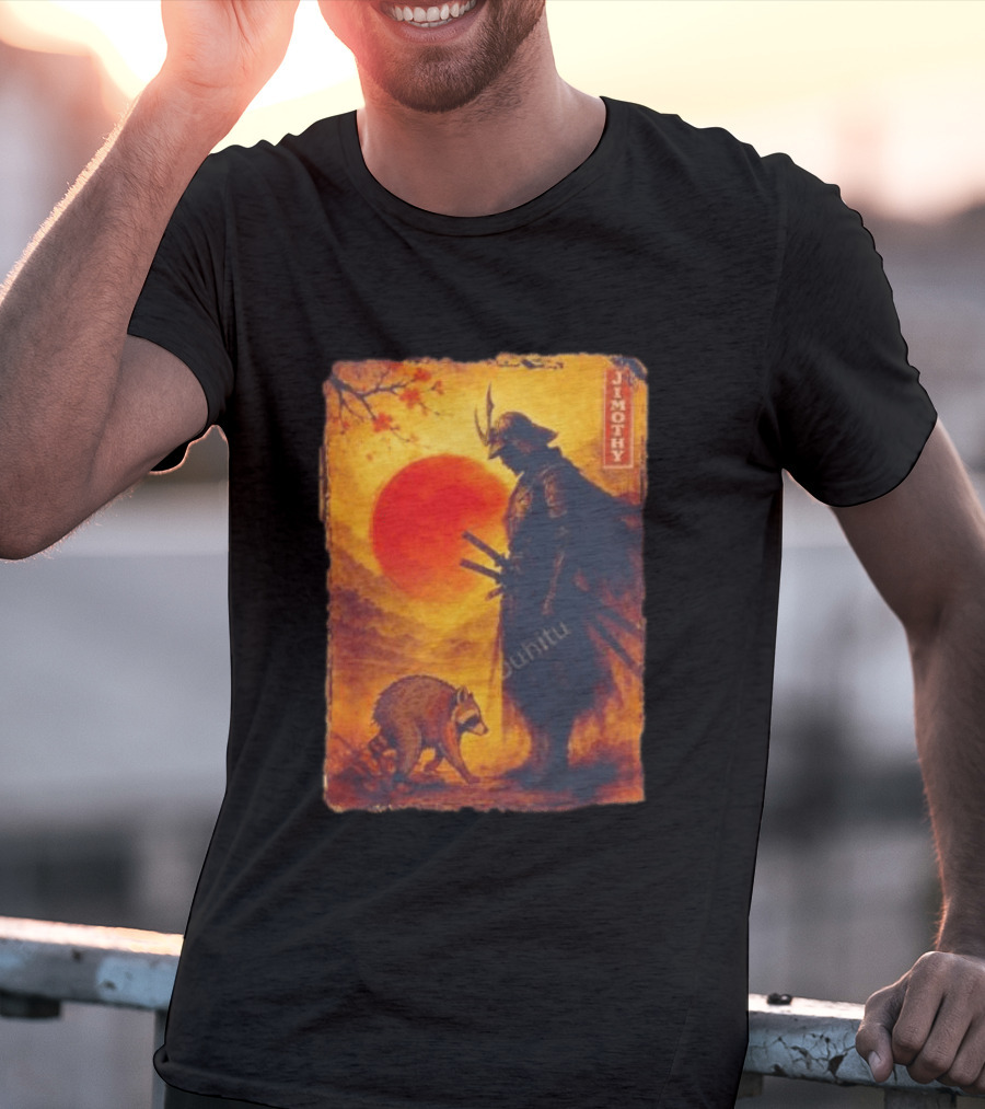Jimothy Samurai Warrior And Raccoon Japanese Sunset T-Shirt