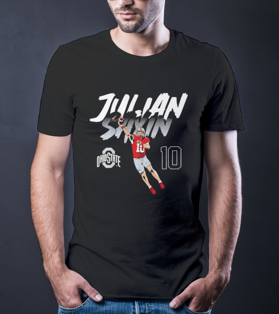 Julian Sayin Ohio State Buckeyes Number 10 Football Player Action Pose T-Shirt