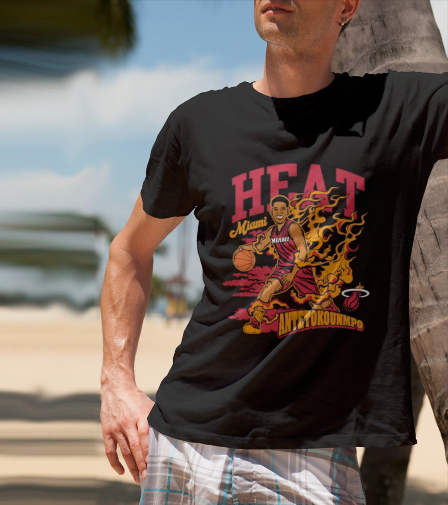 Miami Heat Giannis Antetokounmpo Basketball Caricature With Flames T-Shirt