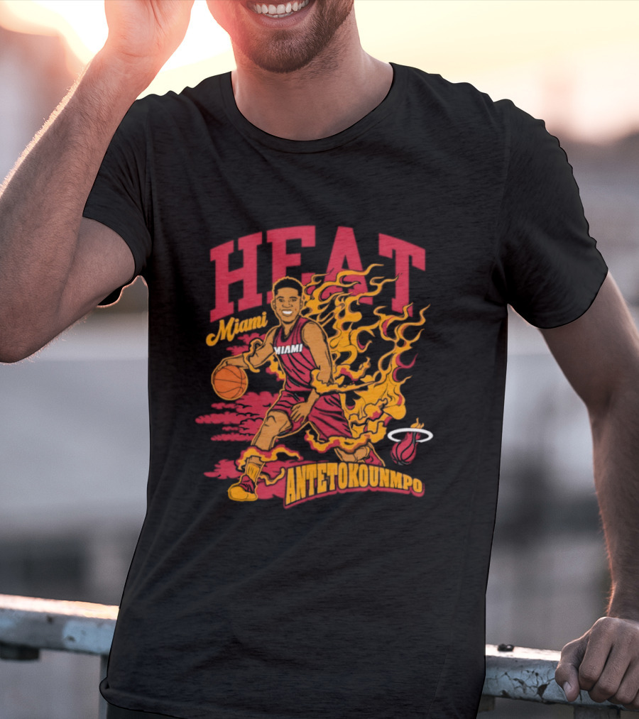 Miami Heat Giannis Antetokounmpo Basketball Caricature With Flames T-Shirt