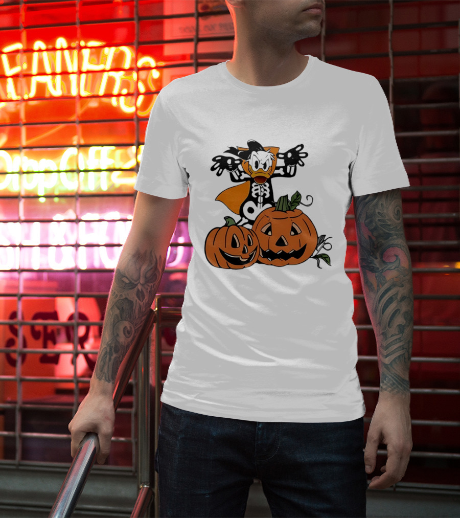 Donald Duck Skeleton Costume With Pumpkins Disney Halloween T-Shirt