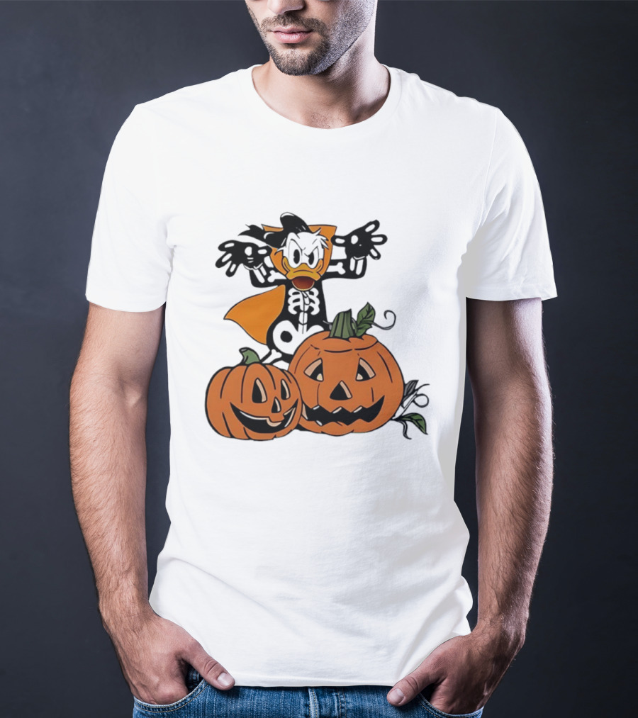 Donald Duck Skeleton Costume With Pumpkins Disney Halloween T-Shirt