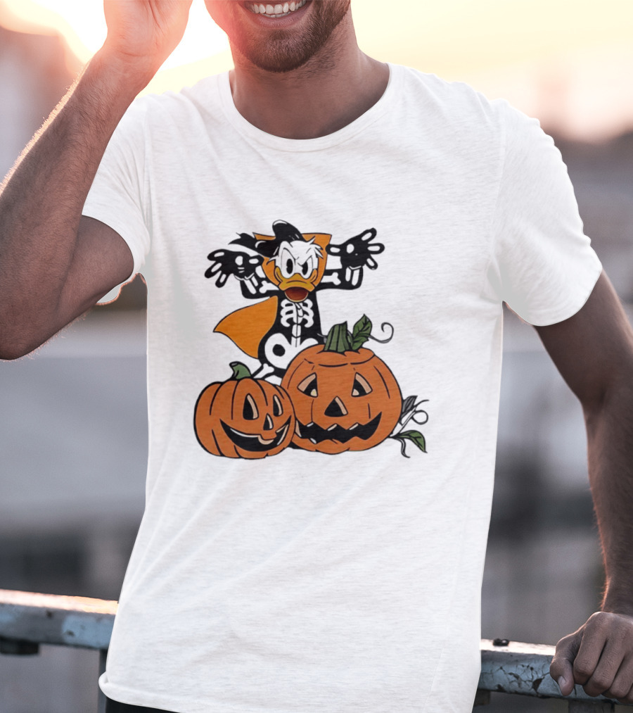 Donald Duck Skeleton Costume With Pumpkins Disney Halloween T-Shirt