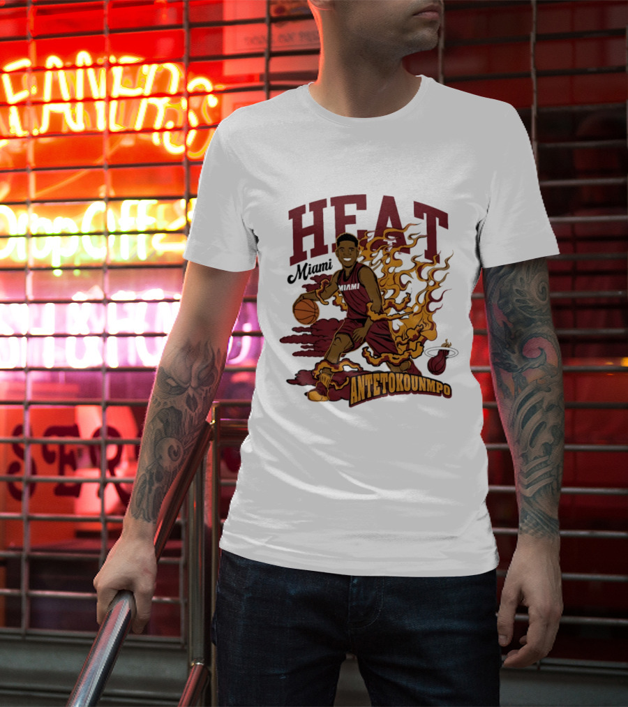Miami Heat Antetokounmpo Basketball Flame Comic T-Shirt