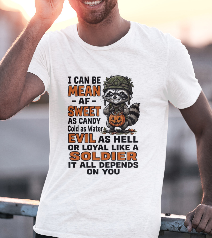 Raccoon I Can Be Mean AF Sweet As Candy Cold As Water Evil As Hell Or Loyal Like A Soldier It All Depends On You T-Shirt