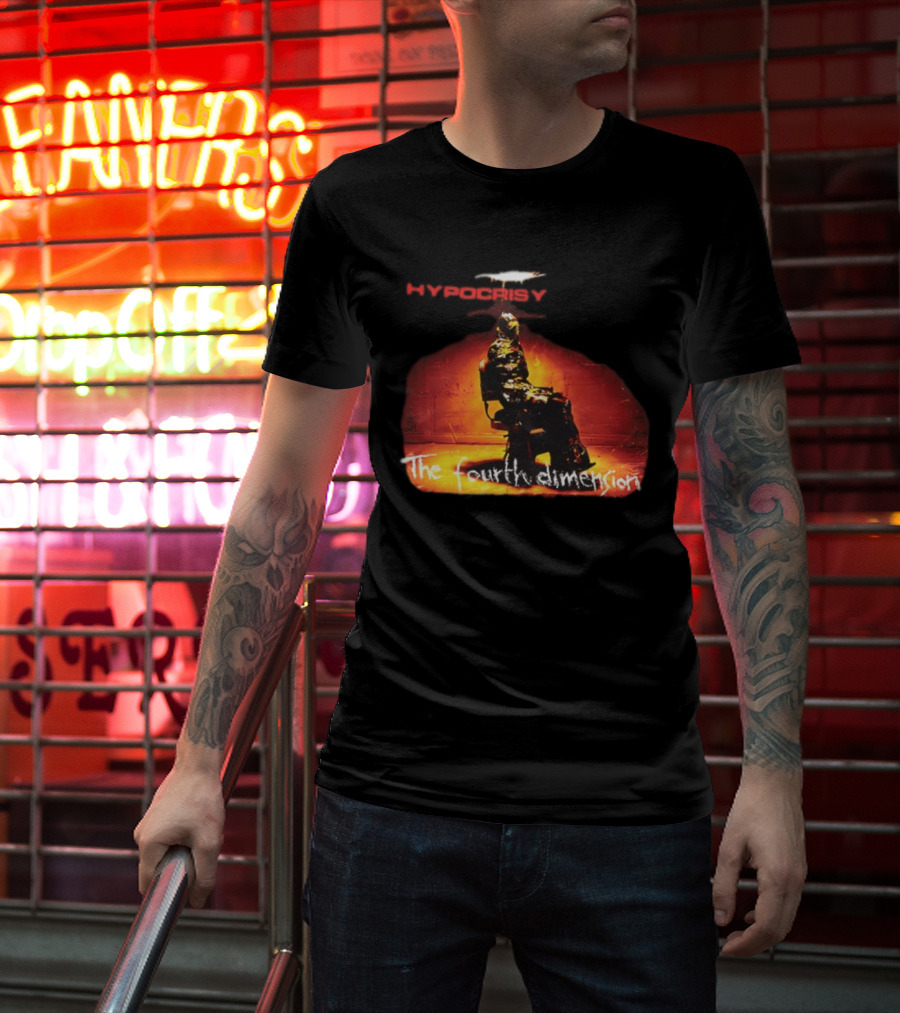Hypocrisy The Fourth Dimension Red Text And Seated Figure T-Shirt