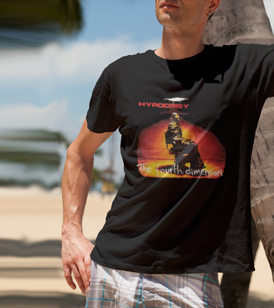 Hypocrisy The Fourth Dimension Red Text And Seated Figure T-Shirt
