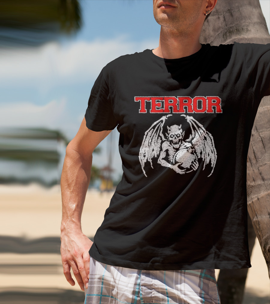 Terror Red Lettering Demon With Wings Holding Bomb T-Shirt