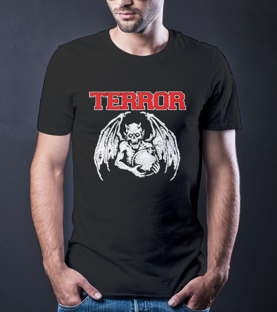 Terror Red Lettering Demon With Wings Holding Bomb T-Shirt