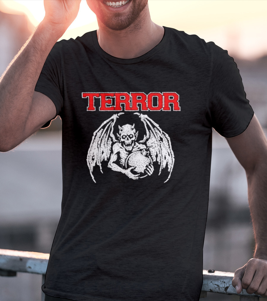 Terror Red Lettering Demon With Wings Holding Bomb T-Shirt