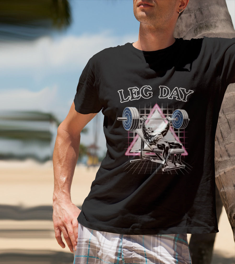 Leg Day Skeleton Weightlifting Gym Bodybuilding 80s Aesthetic Neon Triangle T-Shirt