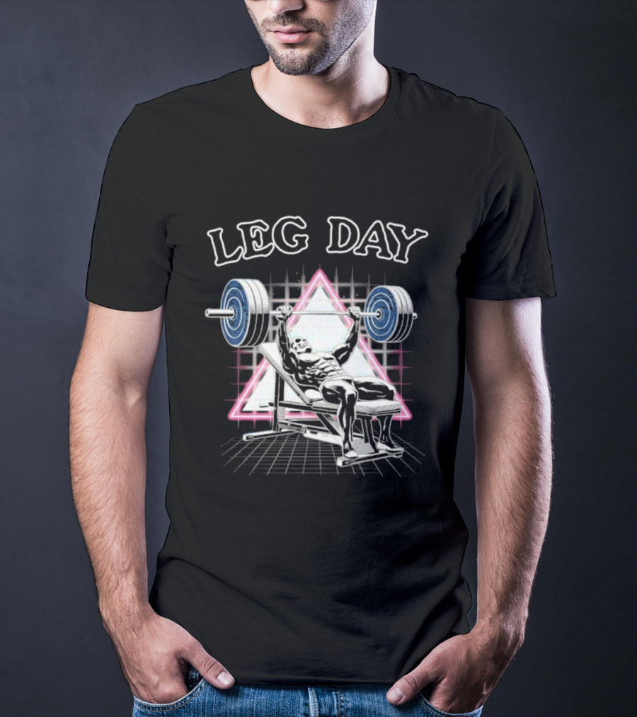 Leg Day Skeleton Weightlifting Gym Bodybuilding 80s Aesthetic Neon Triangle T-Shirt
