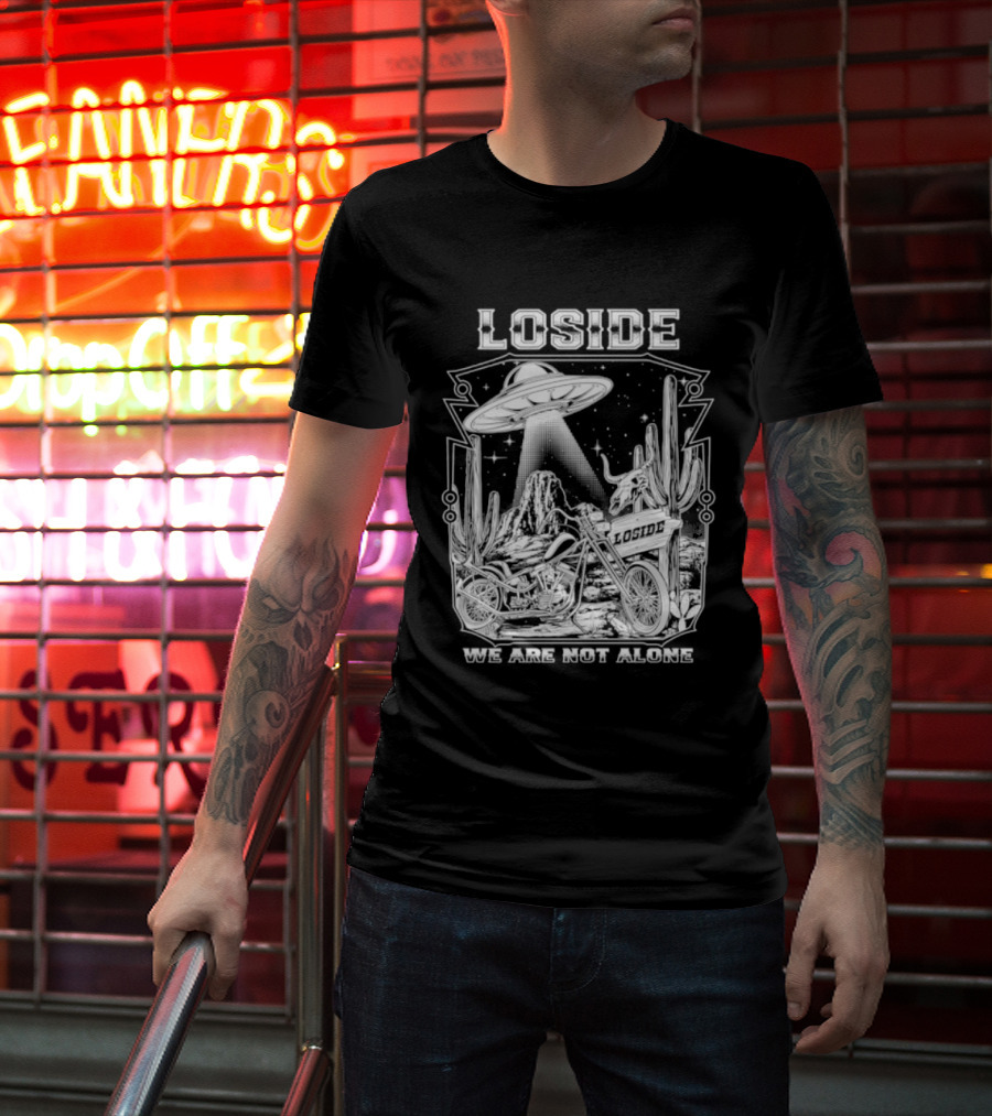 Loside We Are Not Alone UFO Motorcycle Desert Scene Cactus Stars T-Shirt