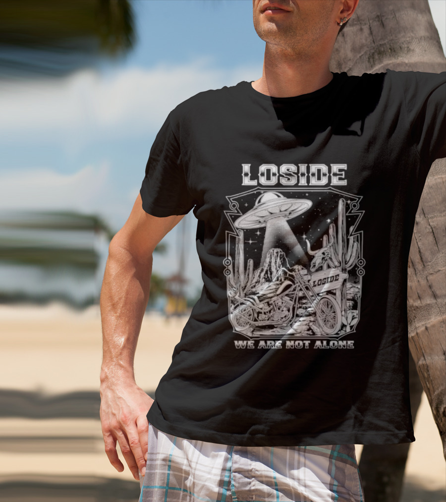 Loside We Are Not Alone UFO Motorcycle Desert Scene Cactus Stars T-Shirt