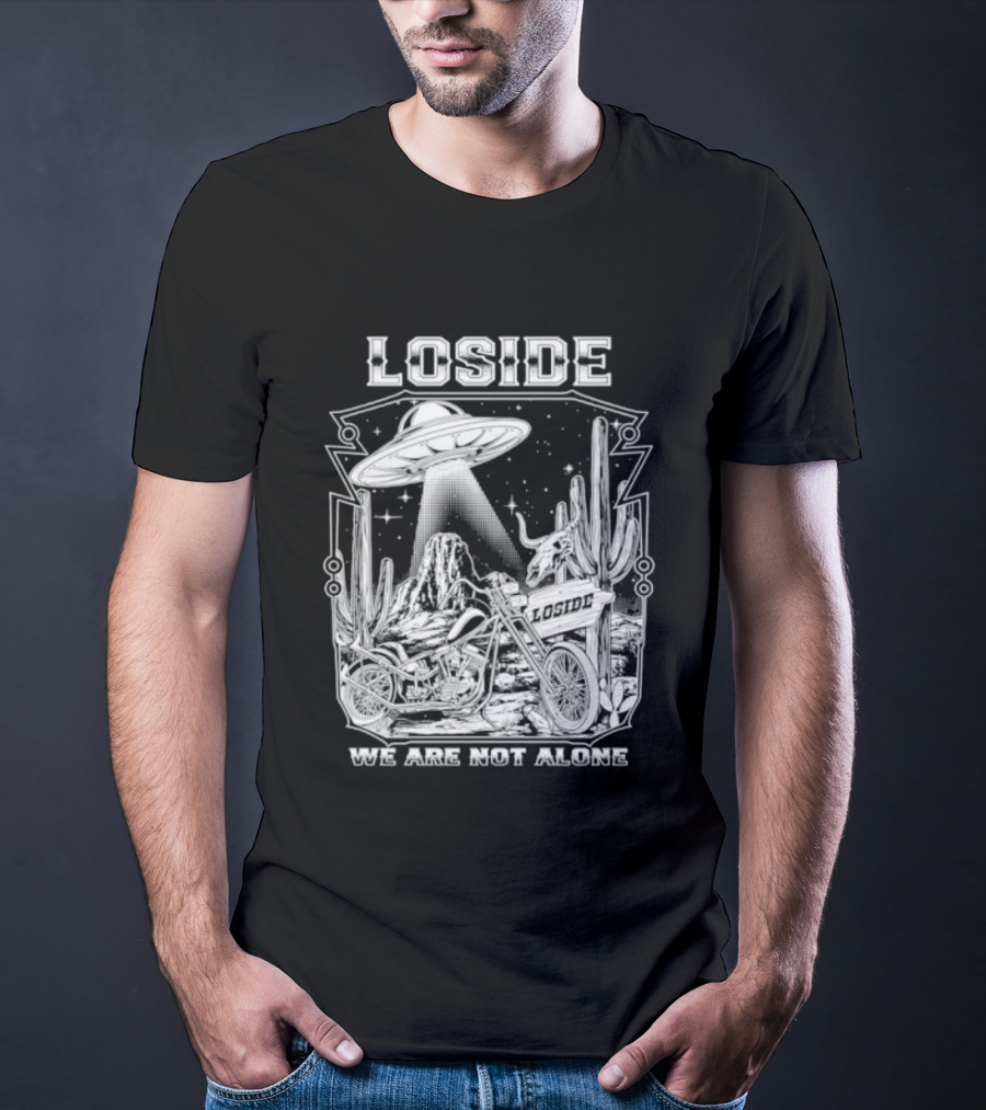 Loside We Are Not Alone UFO Motorcycle Desert Scene Cactus Stars T-Shirt