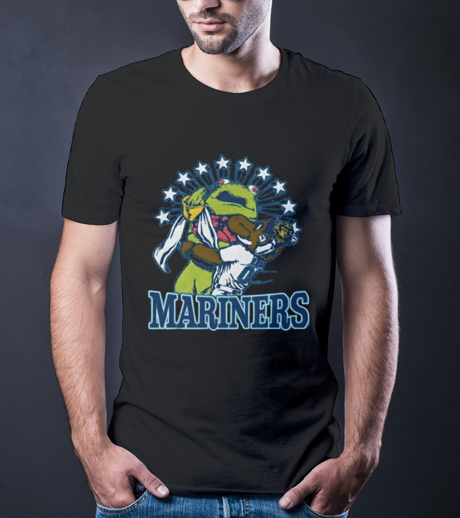 Mariner Moose Hugs Humpy Salmon With Mariners Stars T-Shirt
