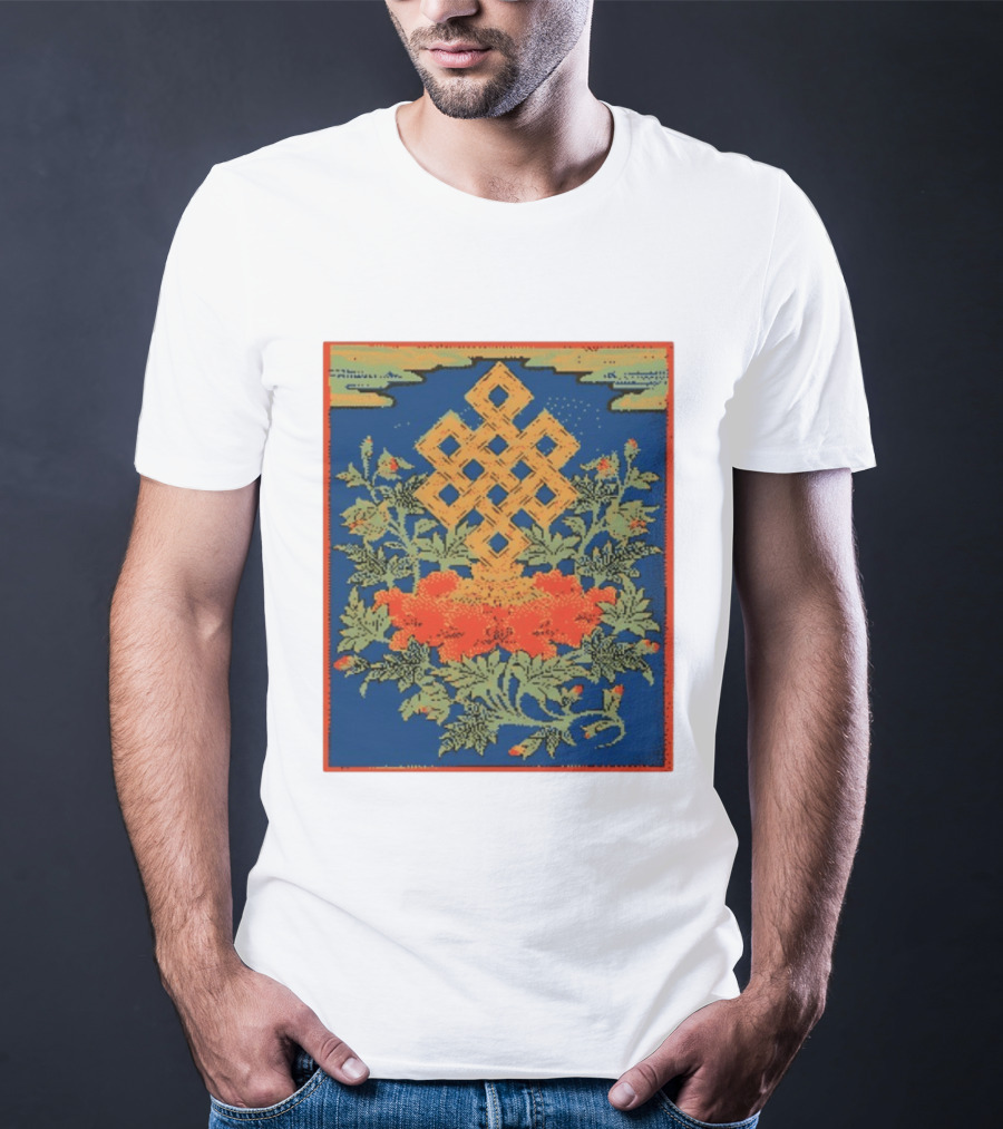 Srivatsa Endless Knot Floral Design Buddhist Symbol With Blossoms T-Shirt
