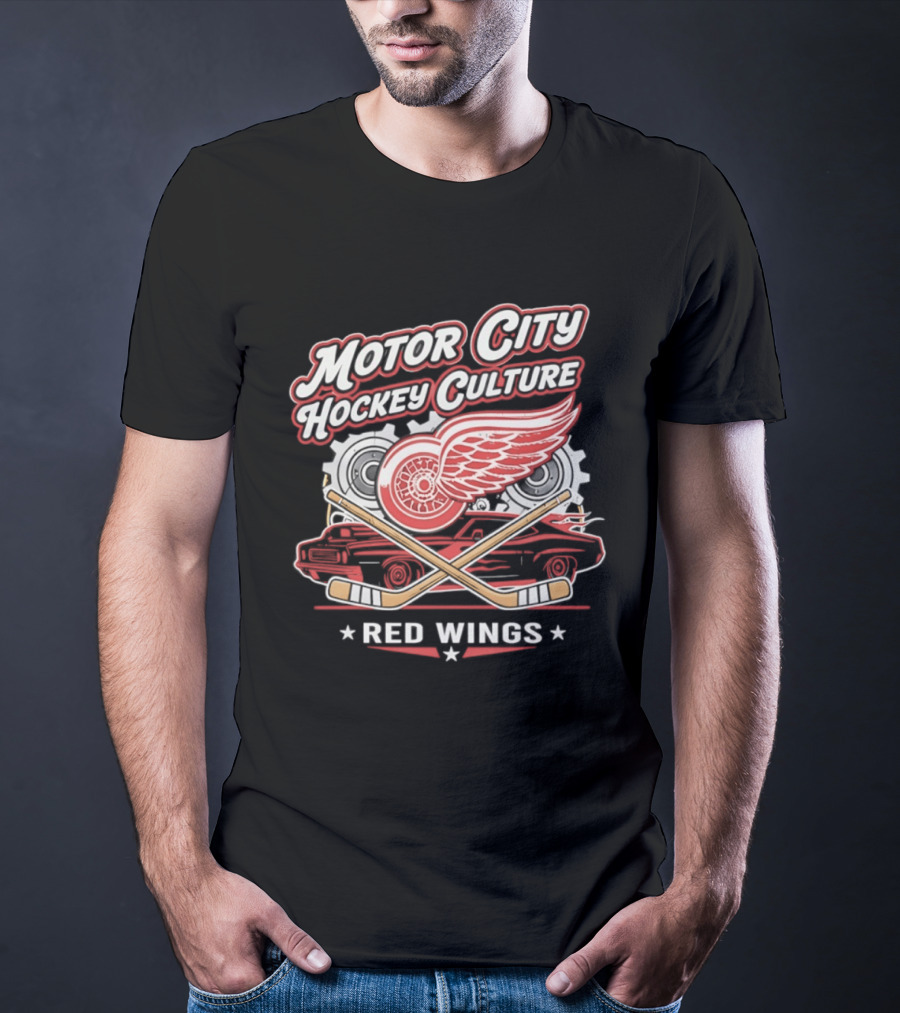 Motor City Hockey Culture Red Wings NHL Classic Logo And Car T-Shirt
