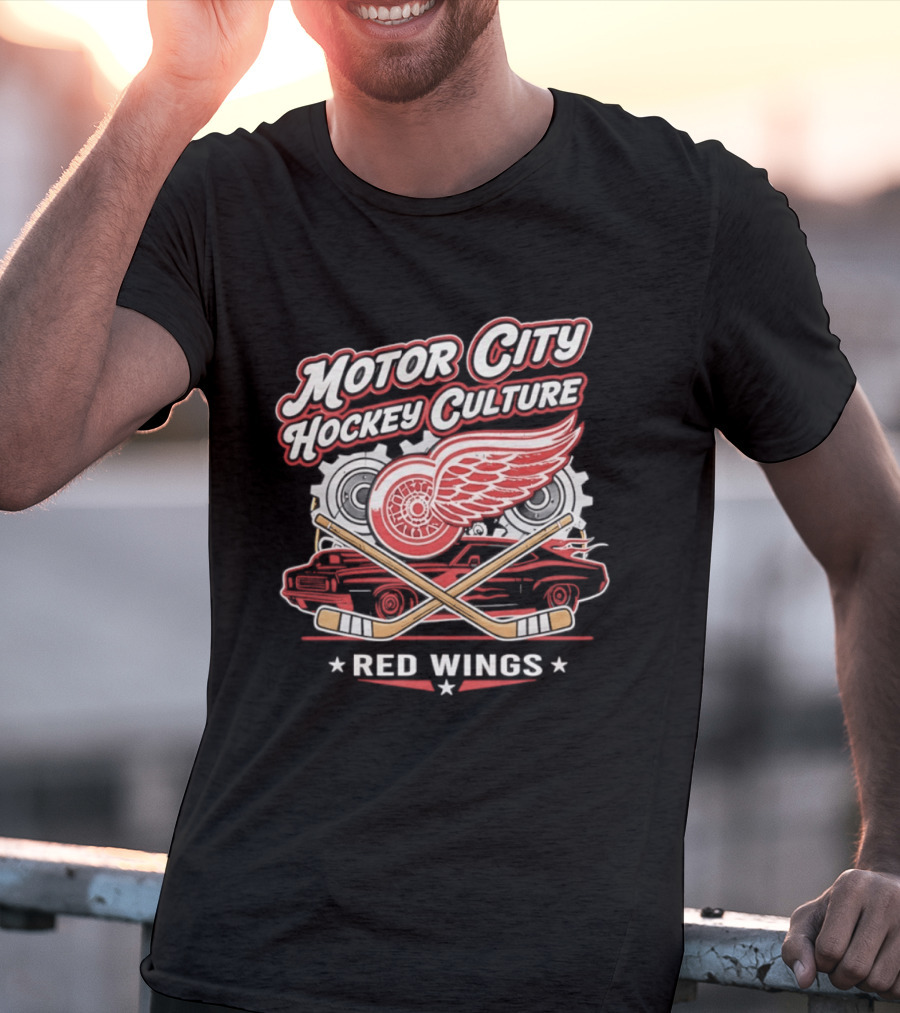 Motor City Hockey Culture Red Wings NHL Classic Logo And Car T-Shirt