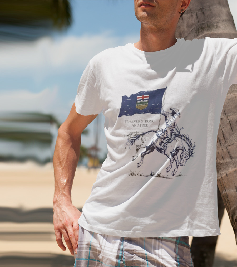 Alberta Flag Forever Strong And Free Bronco Rider Cowboy T-Shirt