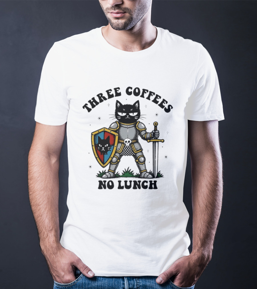 Three Coffees No Lunch Black Cat Armored Knight Shield T-Shirt