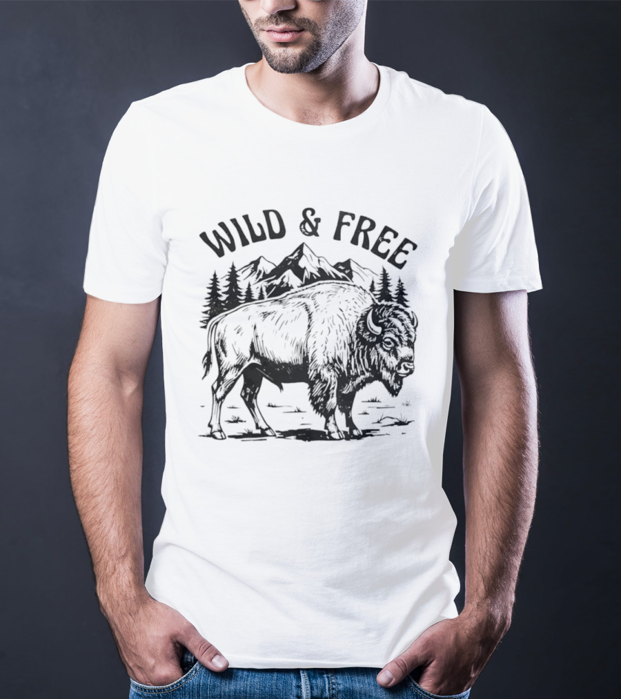 Wild And Free Bison With Mountain And Forest Scene T-Shirt