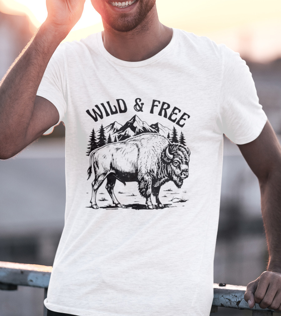 Wild And Free Bison With Mountain And Forest Scene T-Shirt