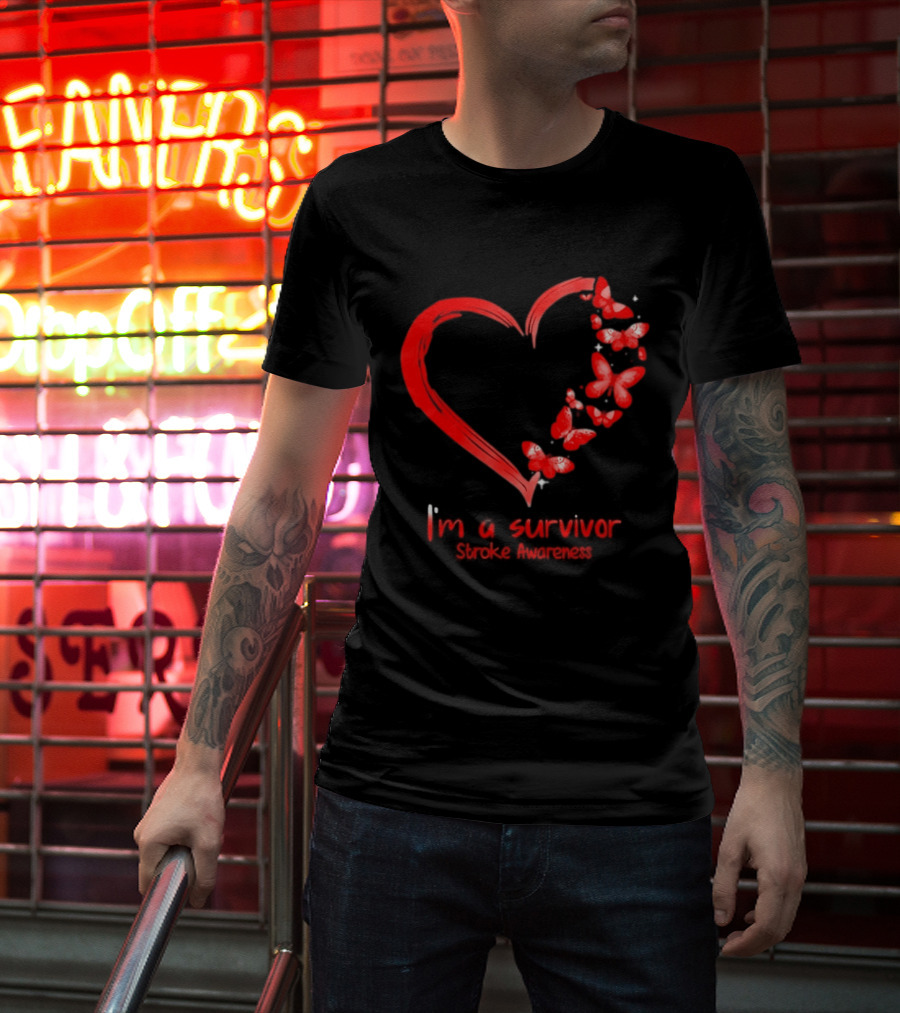 I'm A Survivor Stroke Awareness Heart And Red Butterflies T-Shirt