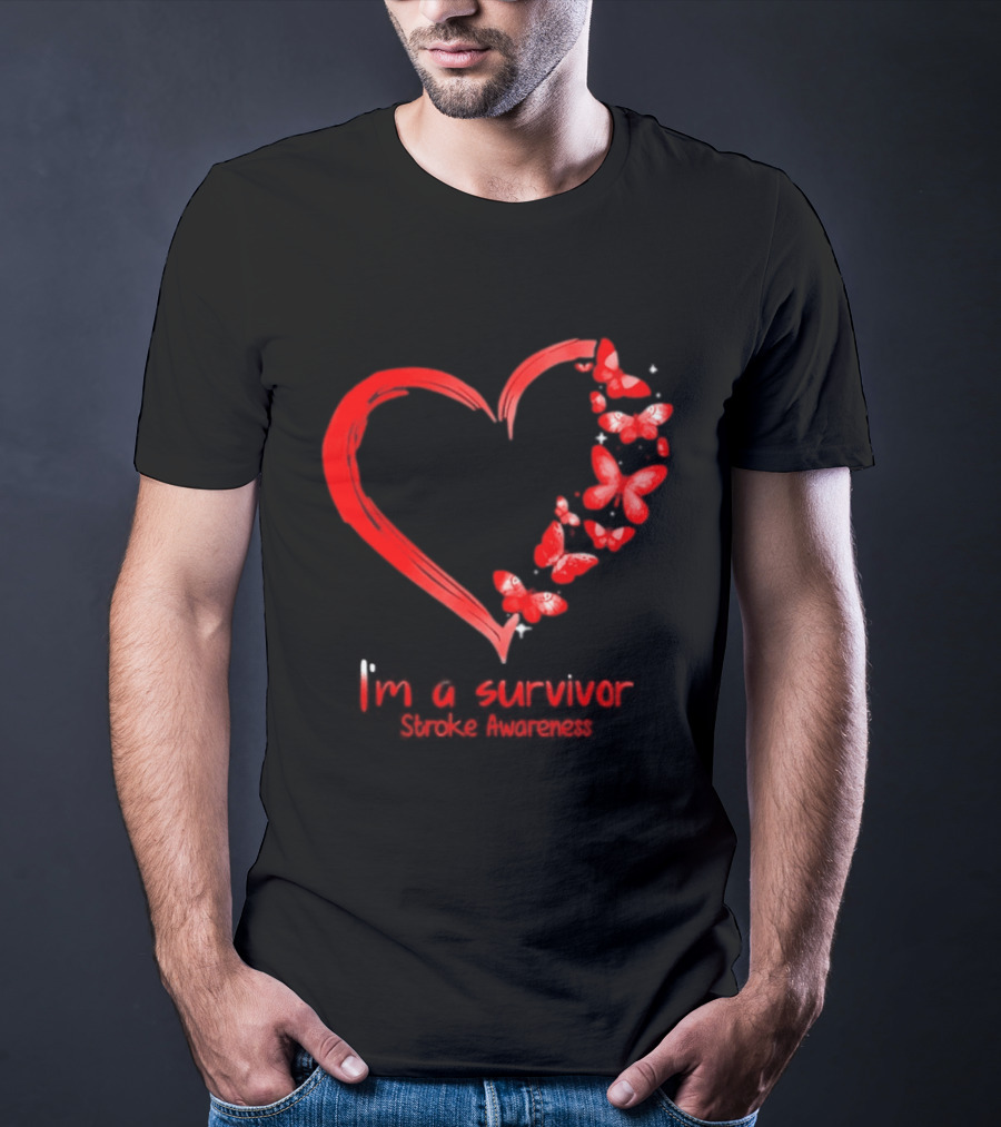 I'm A Survivor Stroke Awareness Heart And Red Butterflies T-Shirt